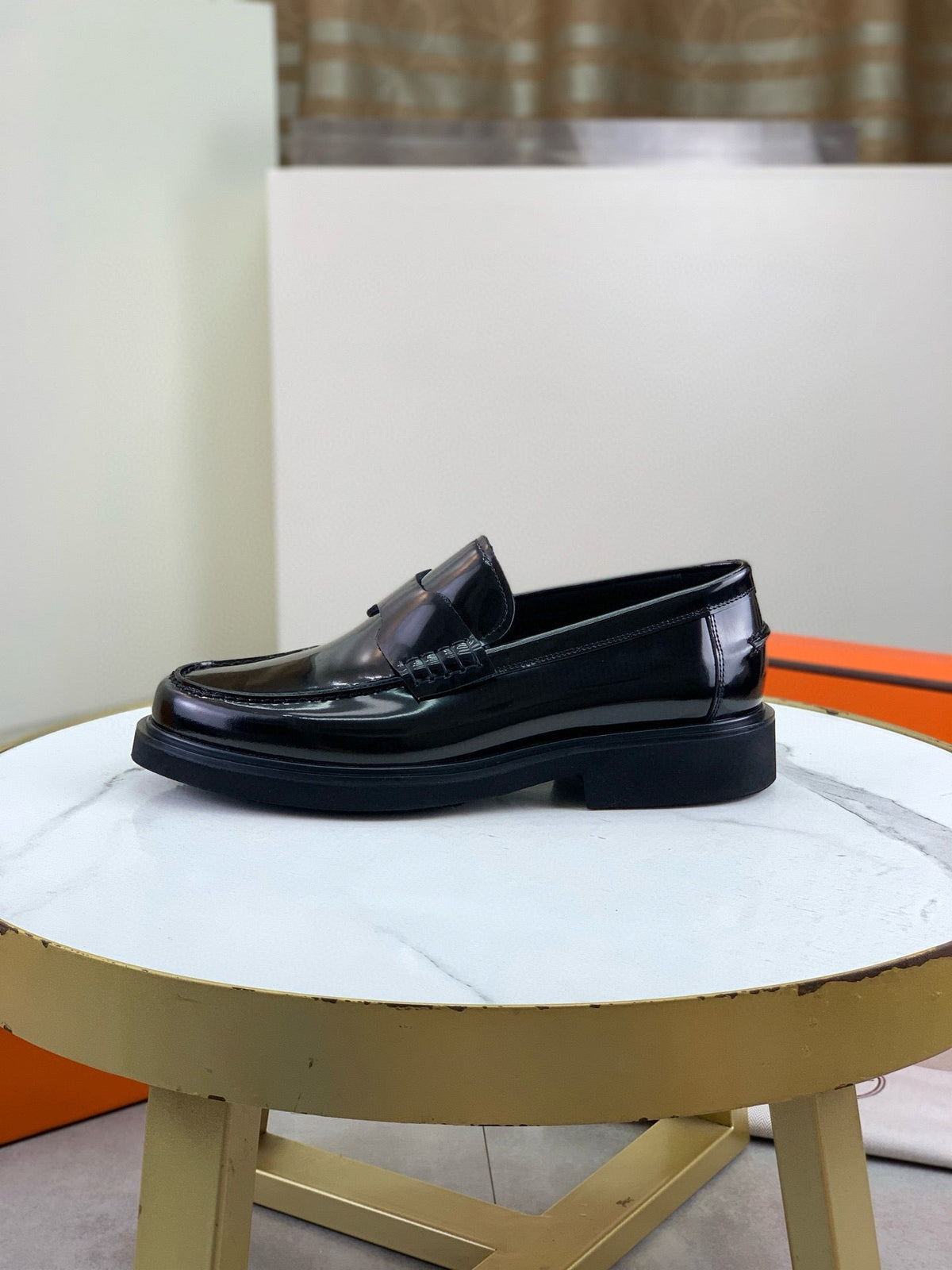 Hermès Men's Penny Loafers "Black" Polished Calf Leather Thick Sole Dress Shoes