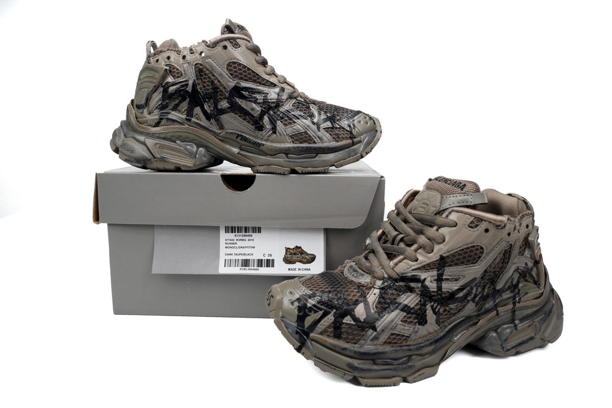 Balenciaga Runner Graffiti Sneakers Dark Taupe "Dark Taupe/Black" Distressed Mesh Chunky Trainer