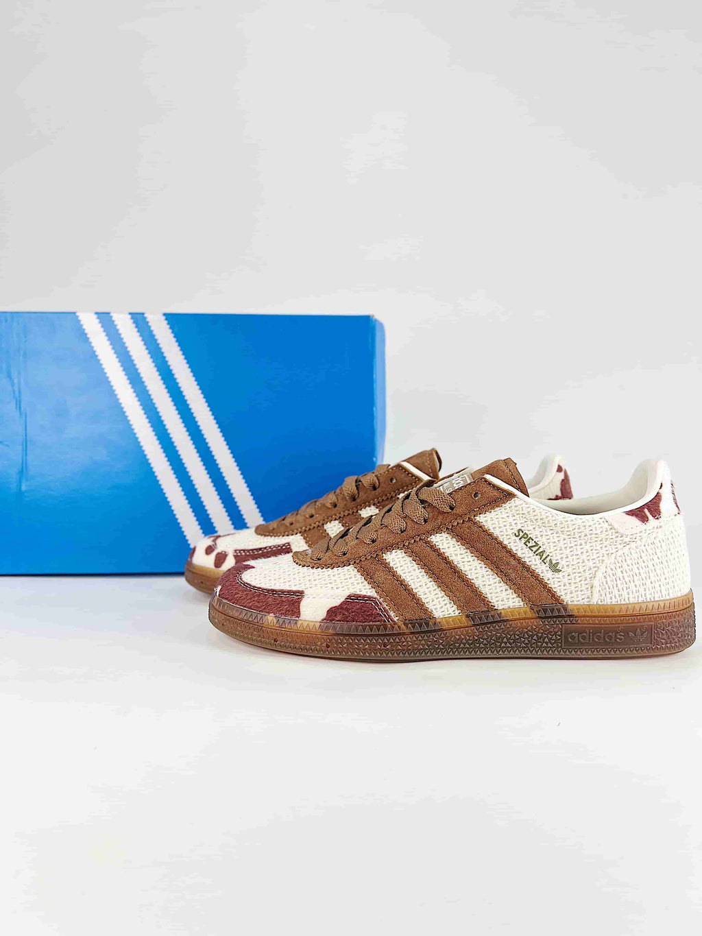 Adidas Handball Spezial Cow Print Mesh Suede Sneakers "Cream Brown Burgundy"-Classic sneakers，Adidas Women's Shoe Sale / Men's Shoe Sale